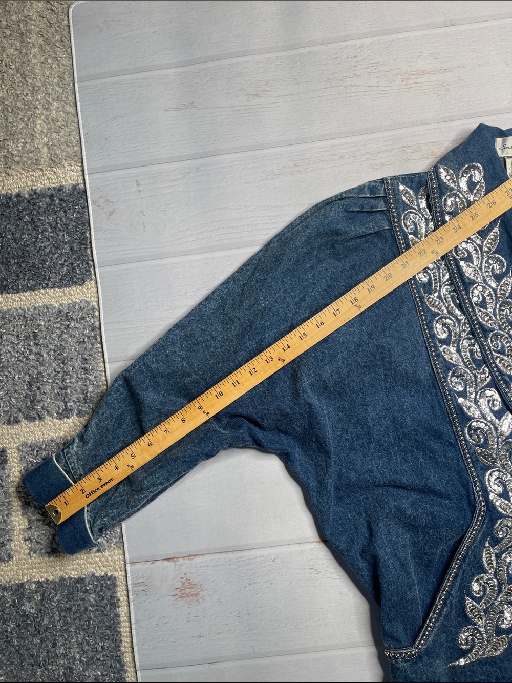 Vintage Denim Sequins Jacket 80s Large Beaded Cotton Long Length Golden Girls L - Picture 13 of 16